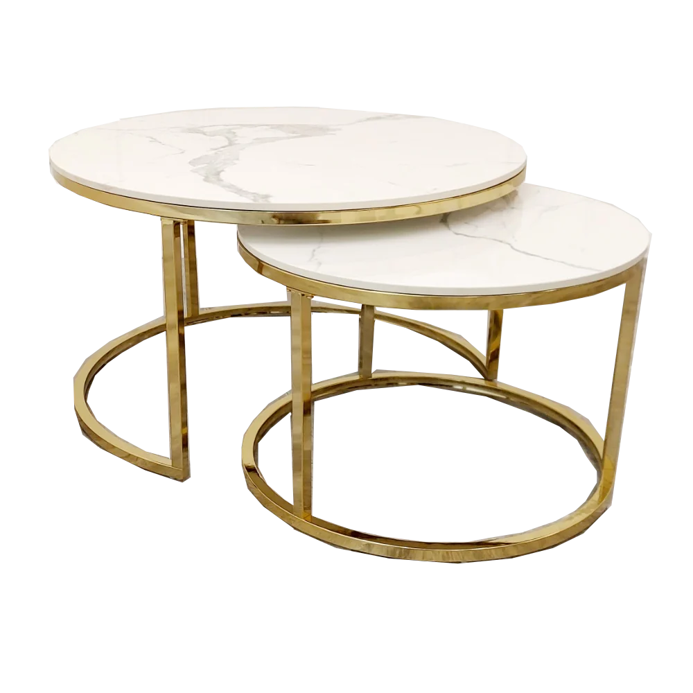 Cato Nest of 2 Short Round Coffee Gold Tables with Polar White Sintered Stone Tops