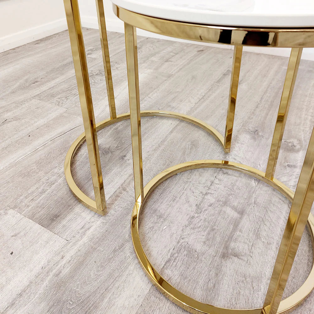 Cato Nest of 2 Tall Gold End Tables with Polar White Sintered Stone Tops