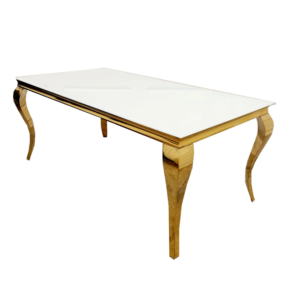 Louis Gold 1.5M Dining Table with White Glass Top