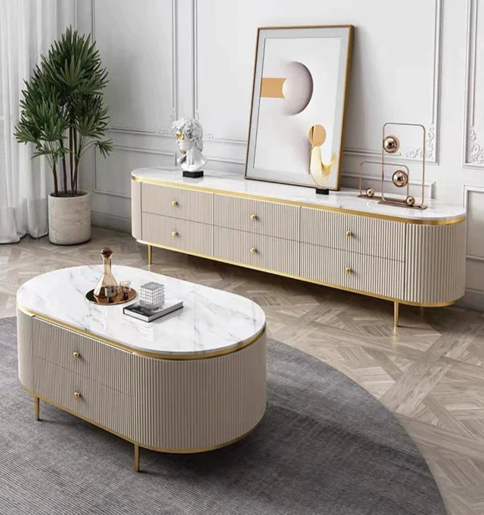 Cleo Ribbed Furniture Range - White & Gold - TV Stand