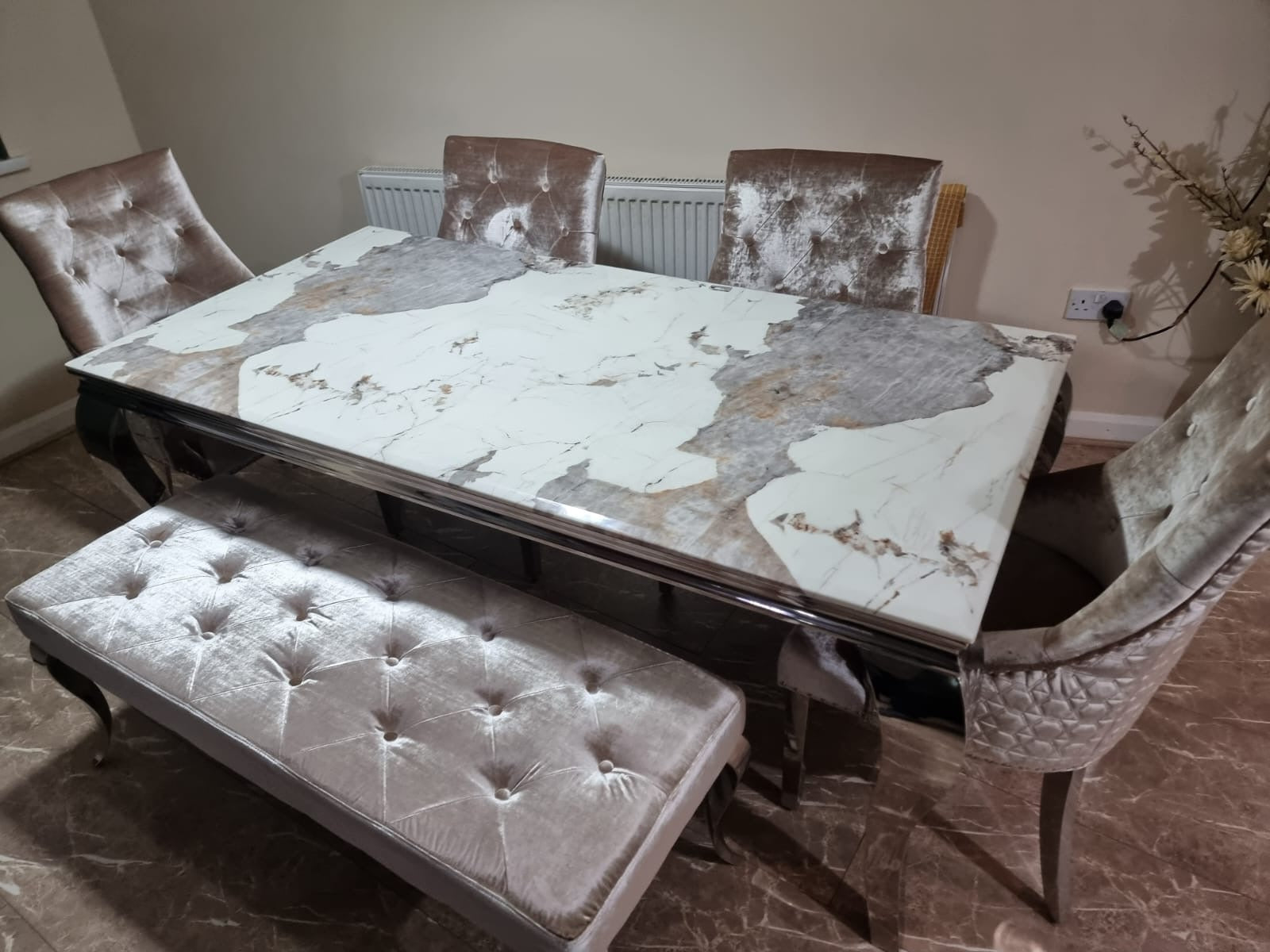 1.8 Louis Chrome Marble Dining Set with 4 Bentley Pewter Chairs & Louis Dining Bench