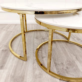 Cato Nest of 2 Short Round Coffee Tables – Gold Frame with Polar White Sintered Stone