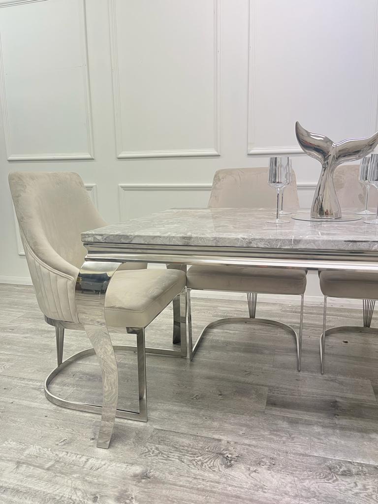 1.8 Louis Chrome Marble Dining Set with Chelmsford Chrome Chairs