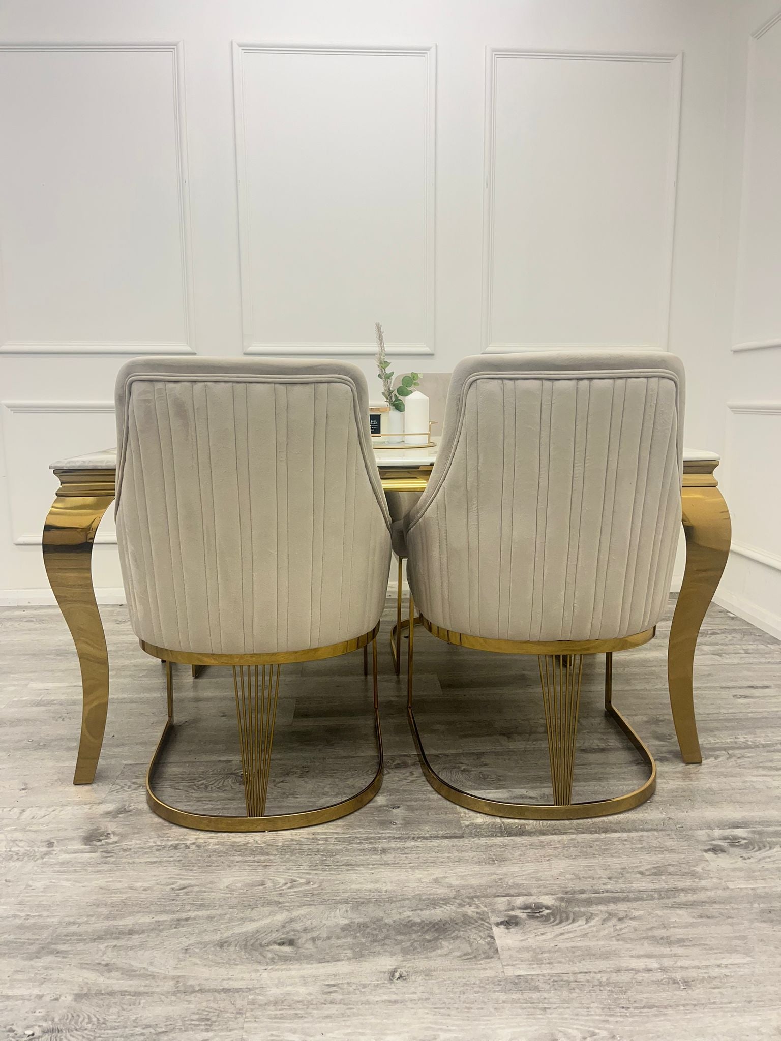 1.8 Louis Gold Marble Dining Set with Chelmsford Gold Chairs