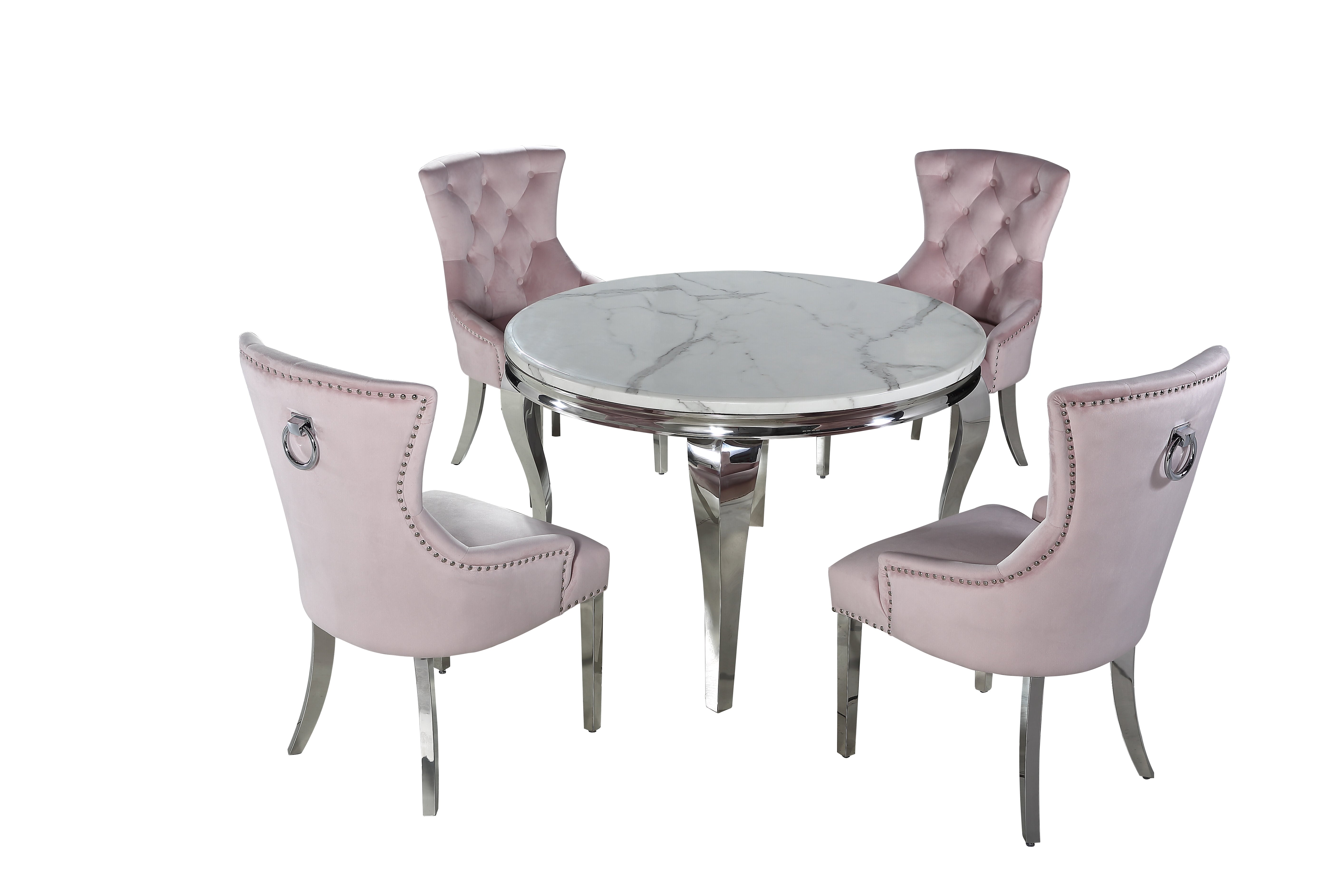 Louis Chrome Marble Round Dining Set with Megan Pink Chairs