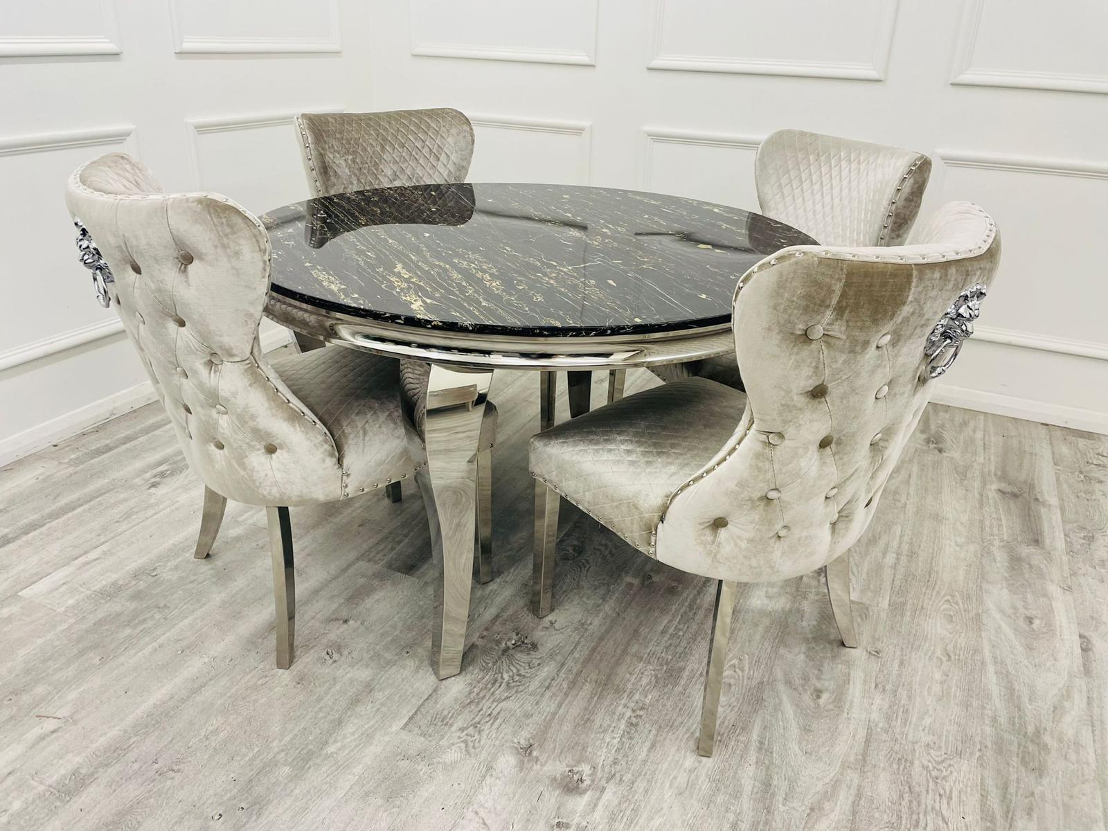 Louis Chrome Marble Round Dining Set with Chelsea Chairs