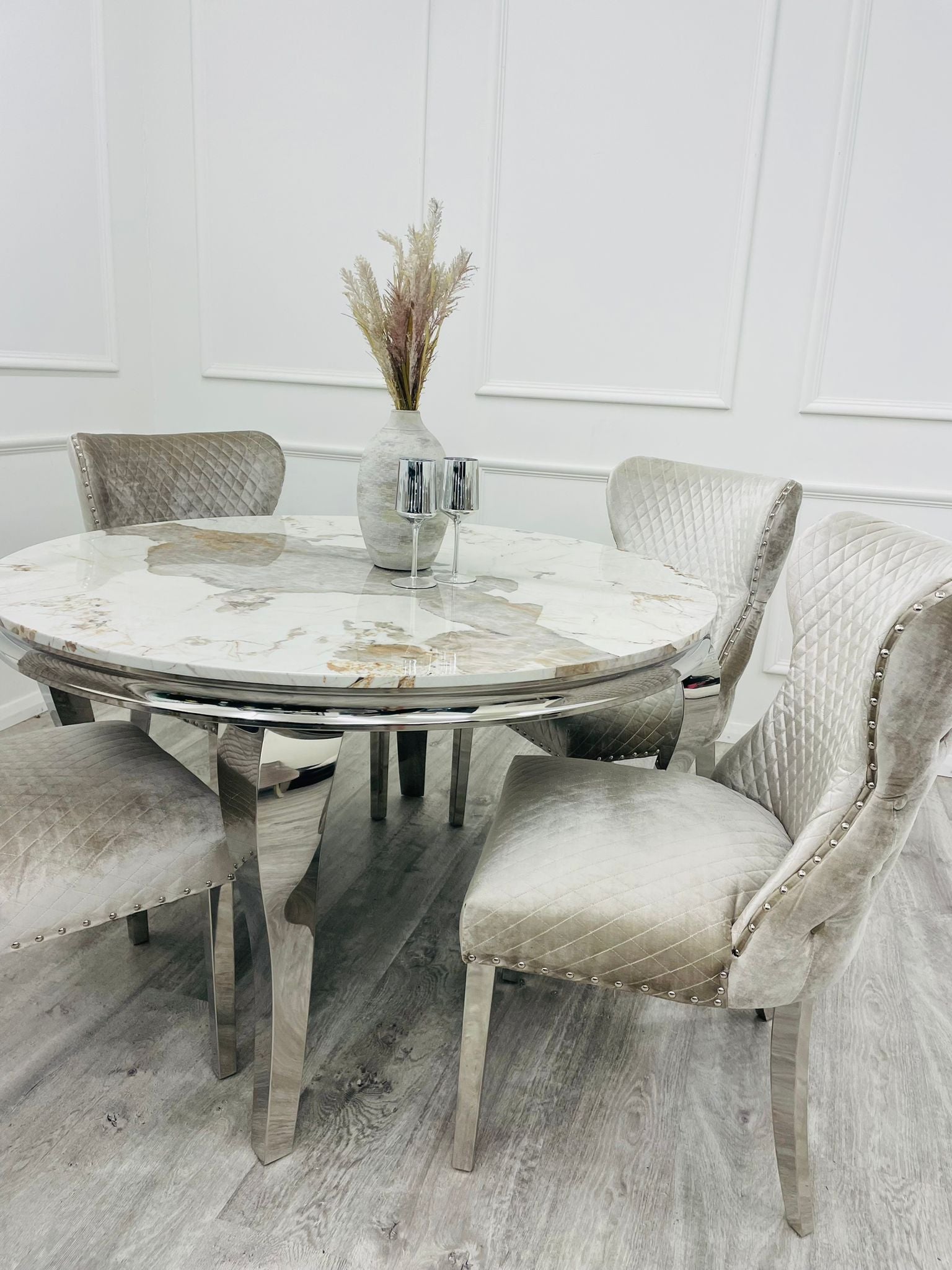 Louis Chrome Marble Round Dining Set with Chelsea Chairs