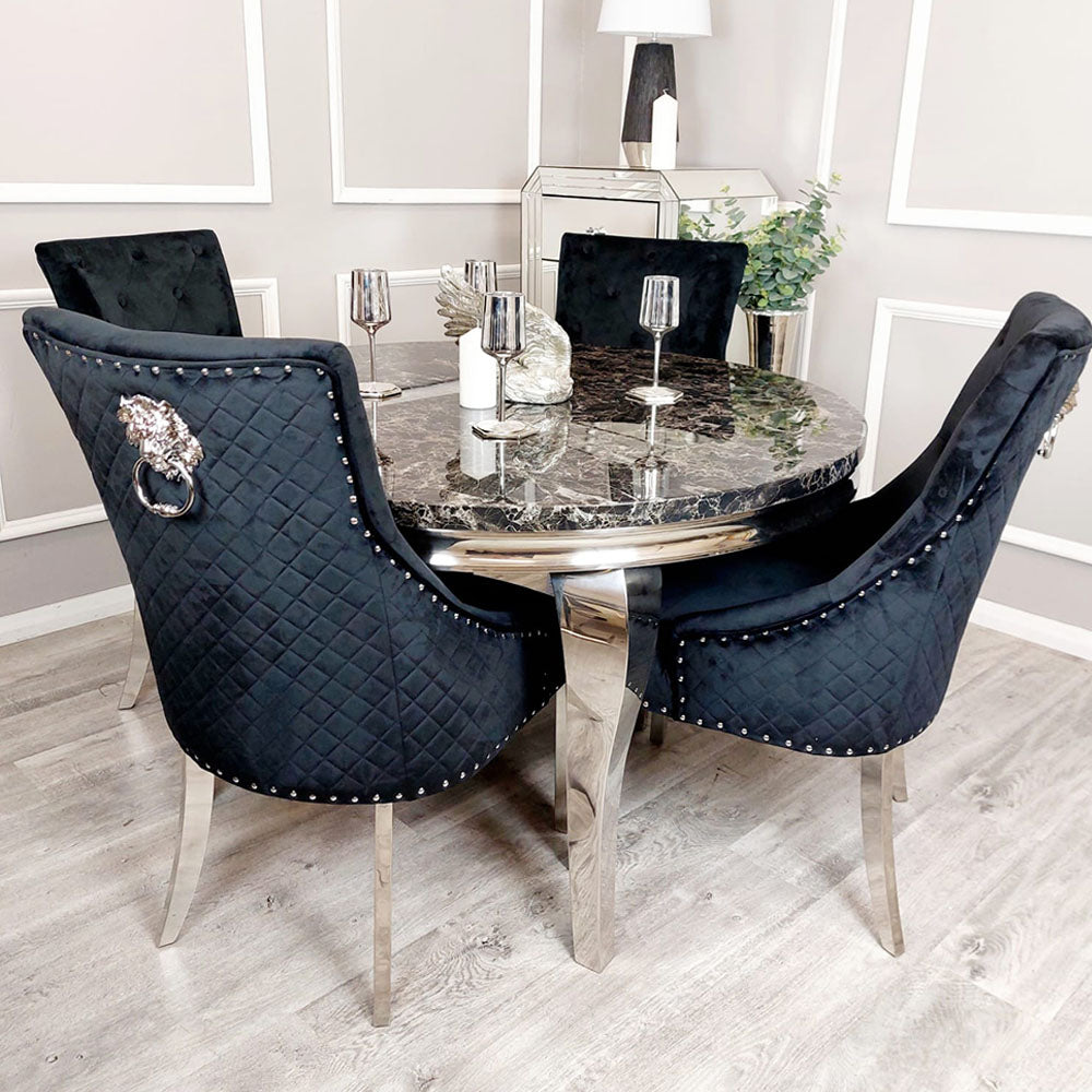 Louis Chrome Marble Round Dining Set with Black Bentley Chairs