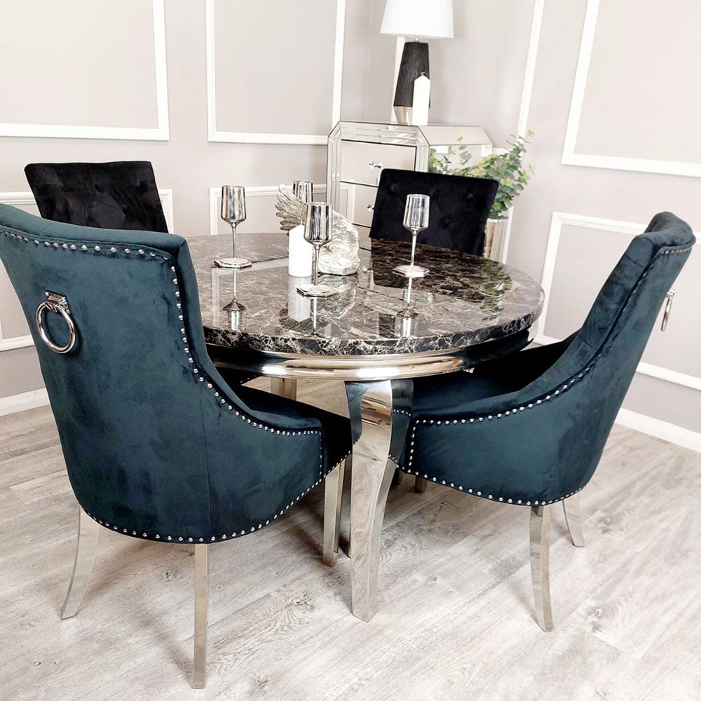 Louis Chrome Marble Round Dining Set with Black Duke Chairs