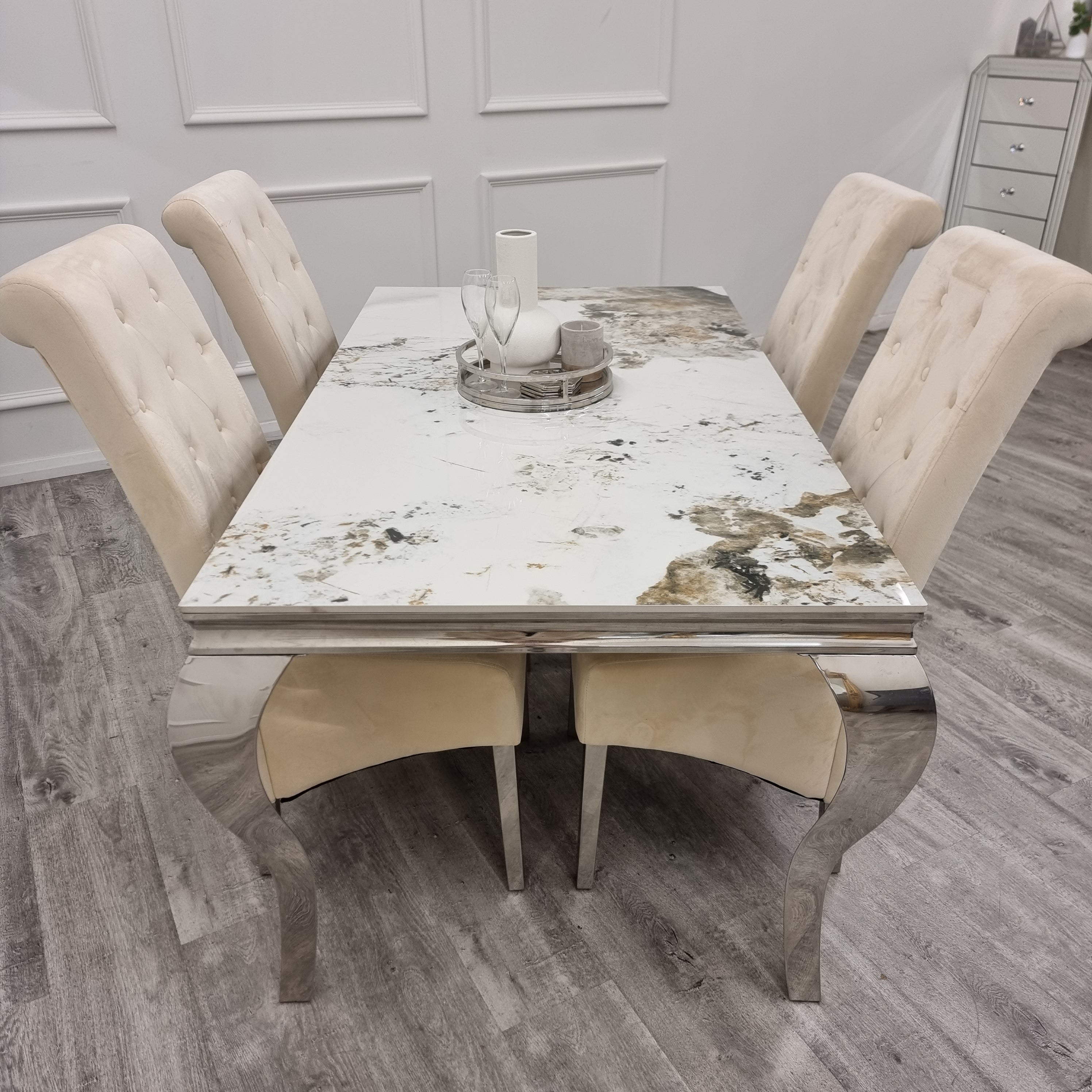 Louis Chrome Marble Dining Set with Emma Cream Chairs