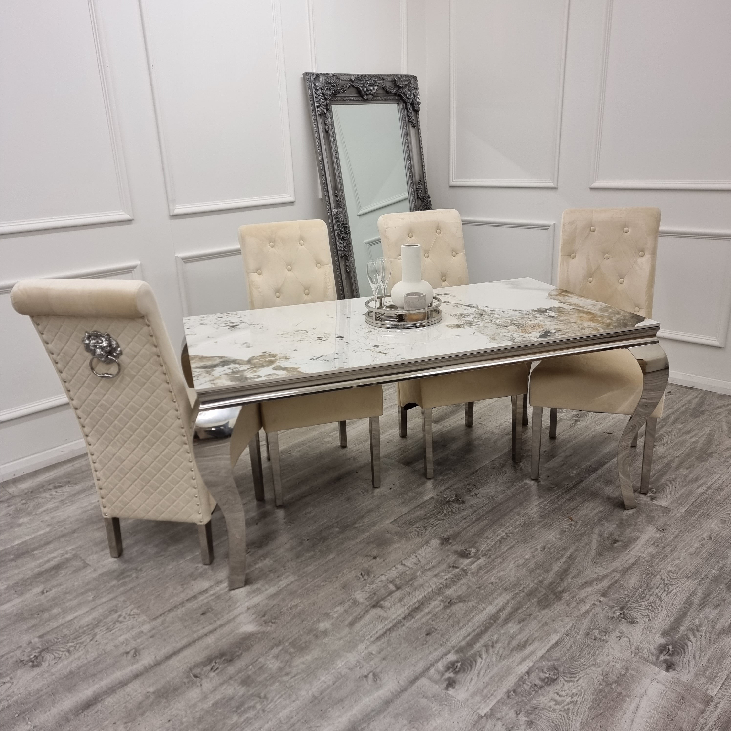 Louis Chrome Marble Dining Set with Emma Cream Chairs