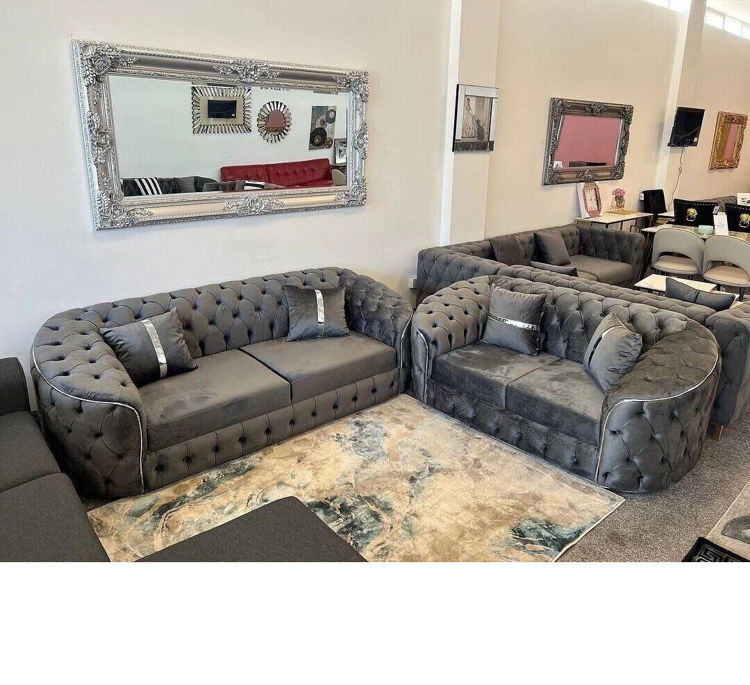 Luxury Velvet Fabric Sofa Collection Grey / Silver Trim