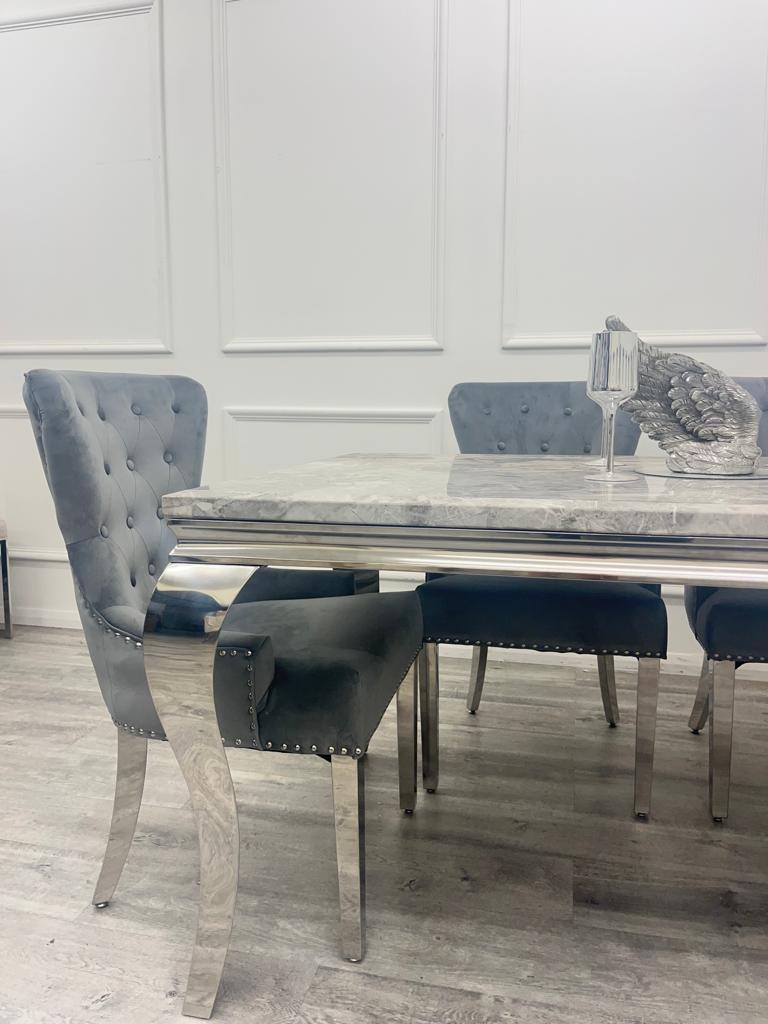 Louis Chrome Marble Dining Set with Megan Black Chairs