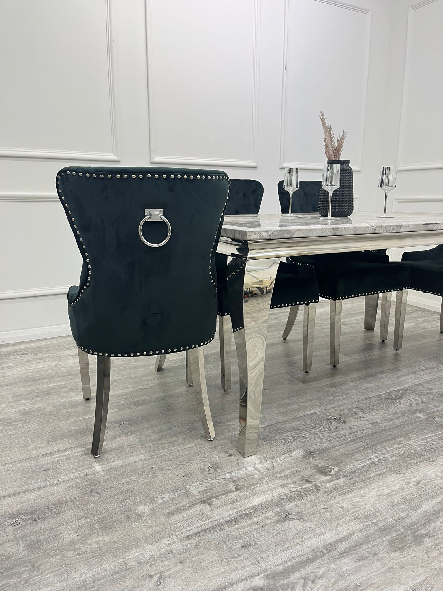 Louis Chrome Marble Dining Set with Megan Black Chairs