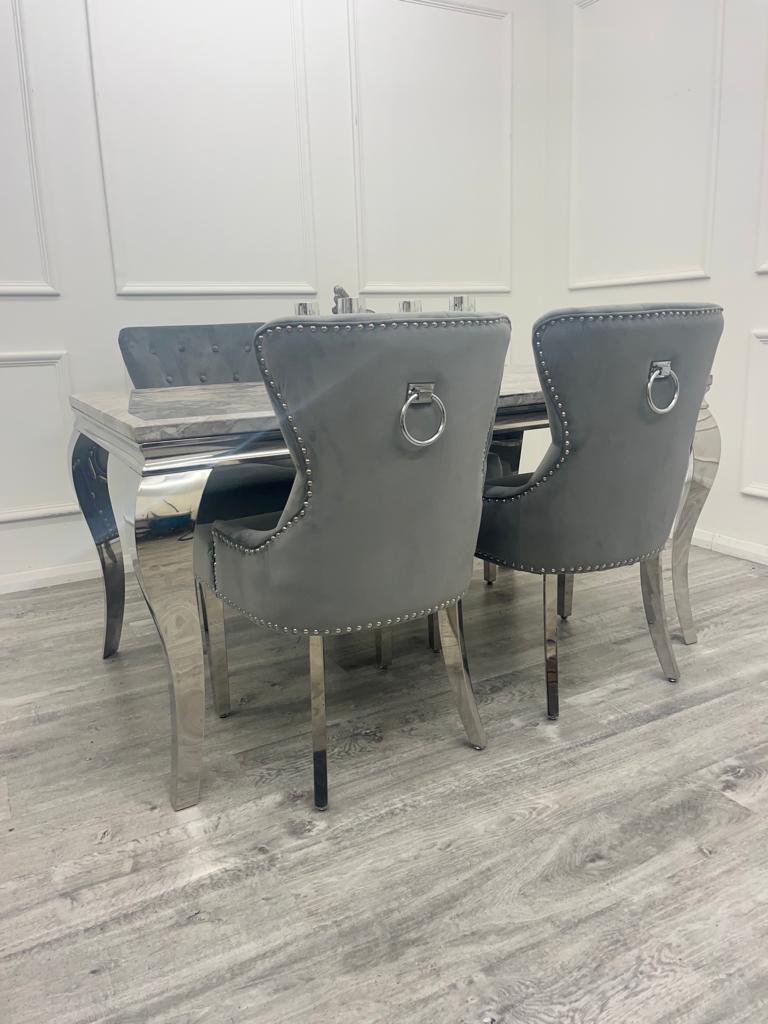Louis Chrome Marble Dining Set with Megan Grey Chairs