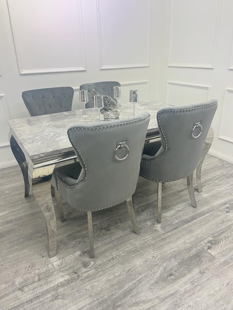Louis Chrome Marble Dining Set with Megan Grey Chairs