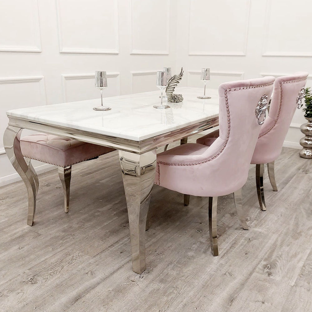 Louis Chrome Marble Dining Set with Megan Pink Chairs