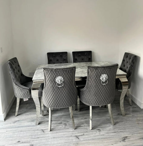 150cm Marble Rome Dining Table with 6 Madrid Velvet Chairs