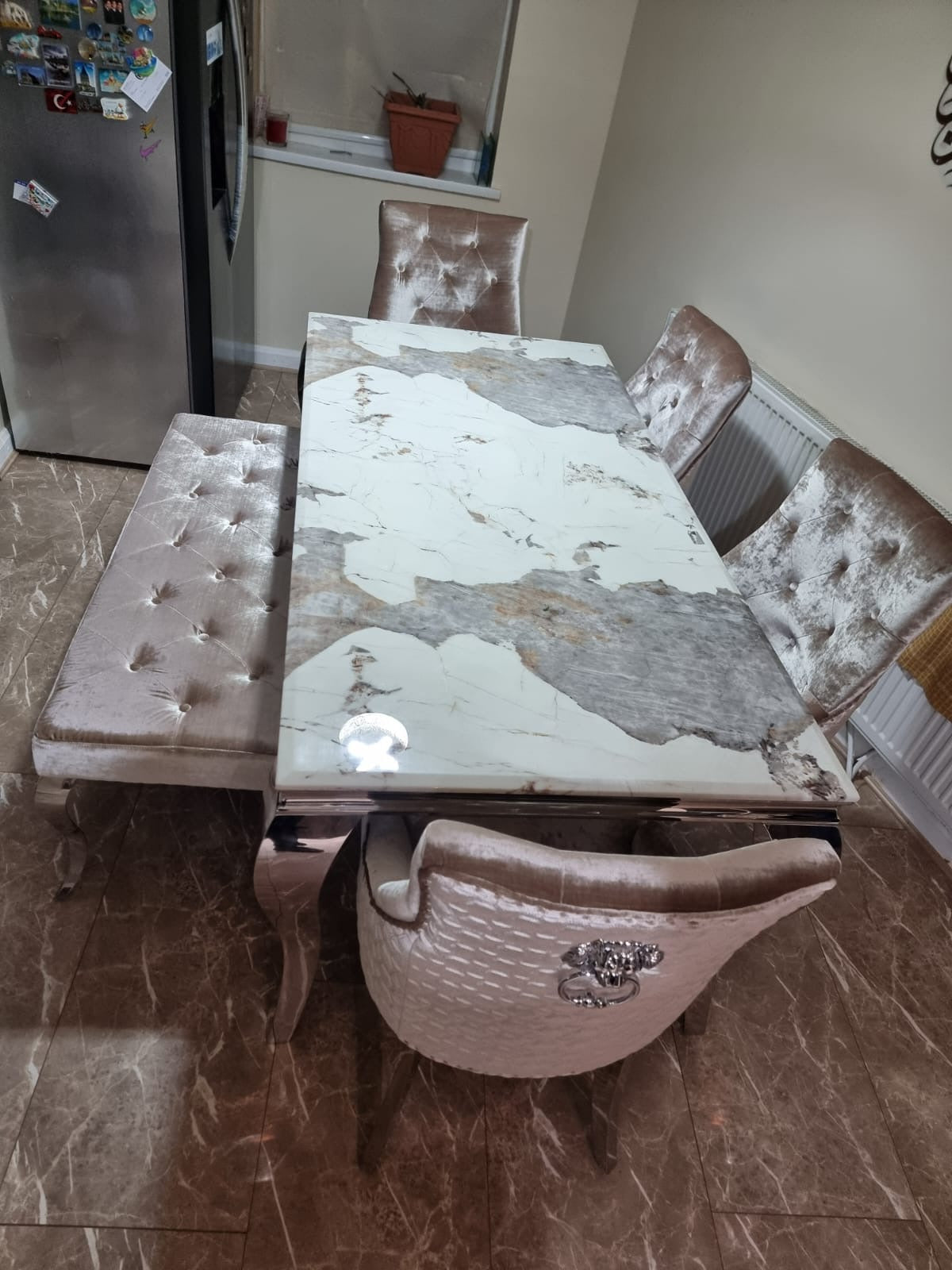 1.8 Louis Chrome Marble Dining Set with 4 Bentley Pewter Chairs & Louis Dining Bench