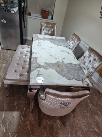 1.8 Louis Chrome Marble Dining Set with 4 Bentley Pewter Chairs & Louis Dining Bench