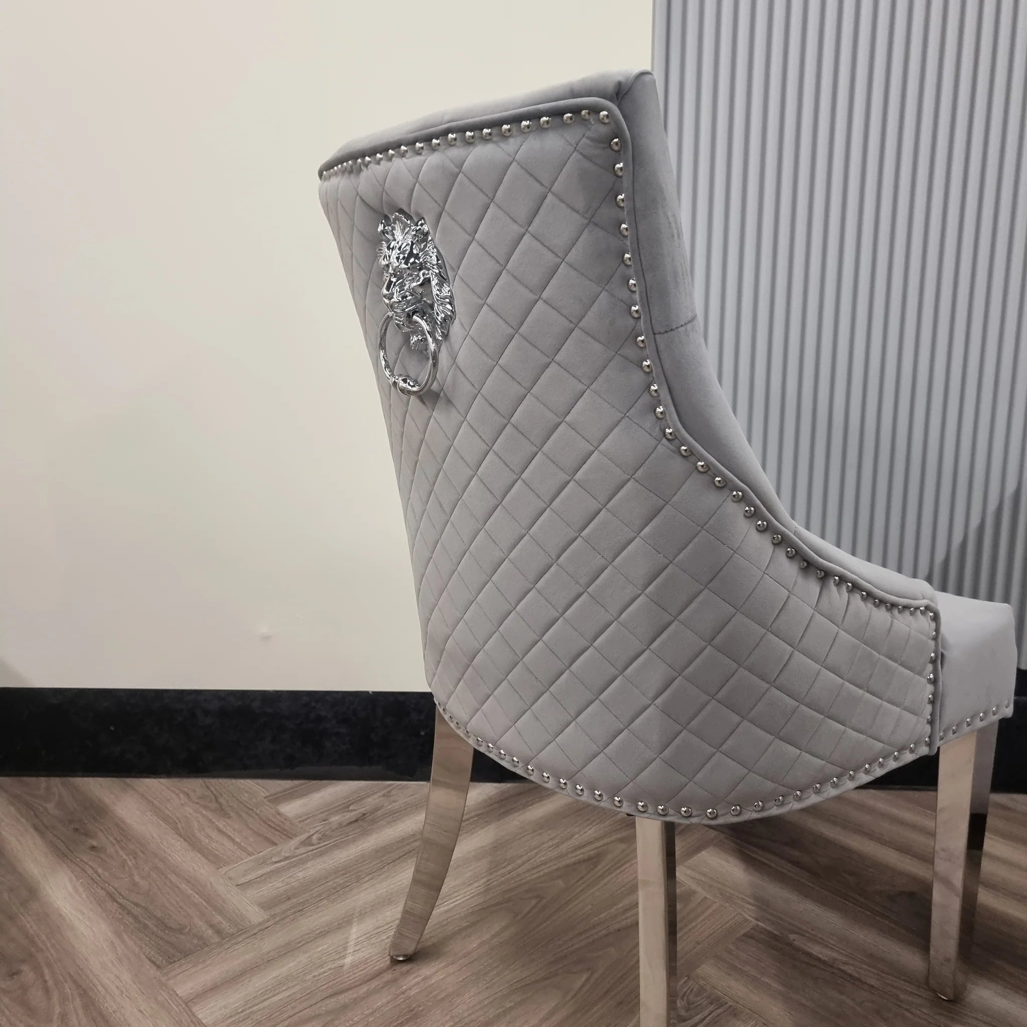 Bentley Quilted Velvet Dining Chair with Chrome Lion Knocker
