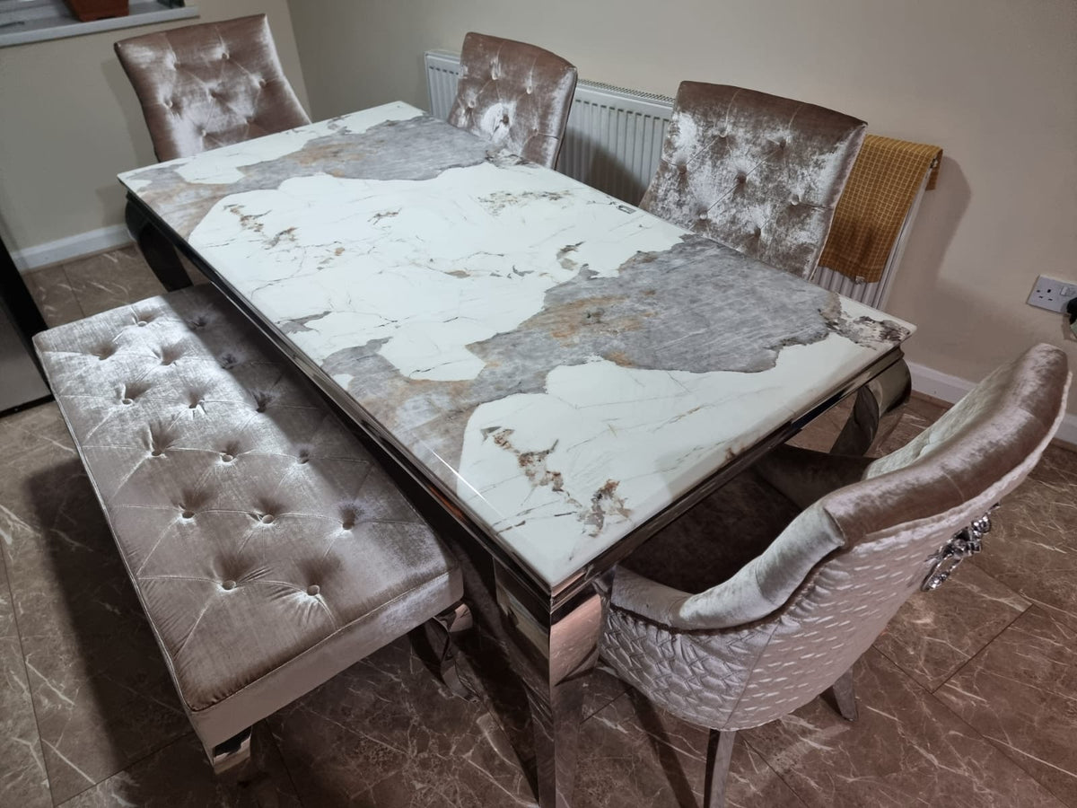 1.8 Louis Chrome Marble Dining Set with 4 Bentley Pewter Chairs & Louis Dining Bench