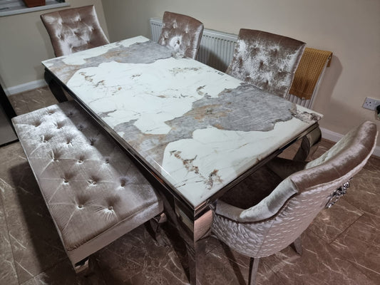 1.8 Louis Chrome Marble Dining Set with 4 Bentley Pewter Chairs & Louis Dining Bench 1600