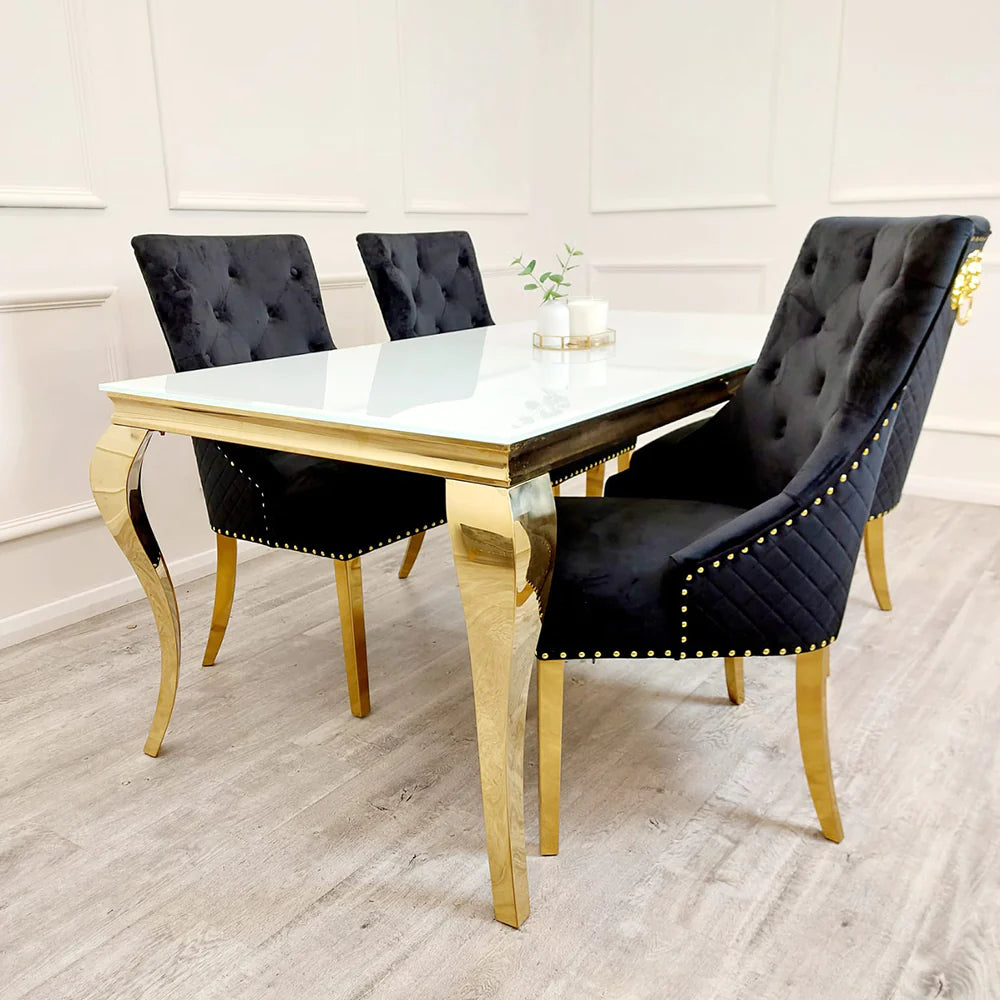 Louis Gold 1.5M Dining Table with White Glass Top