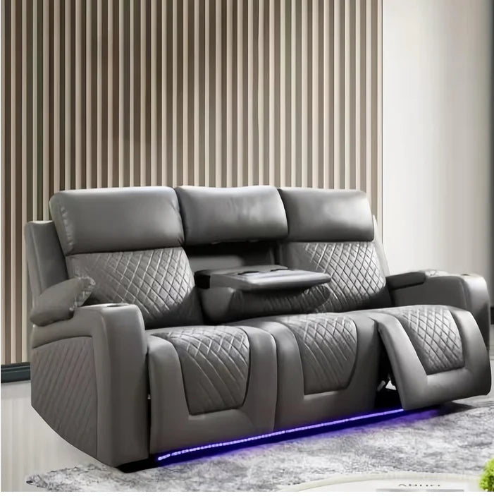 GD Grey Leather Electric Recliner Sofa 3 & 2 Seaters