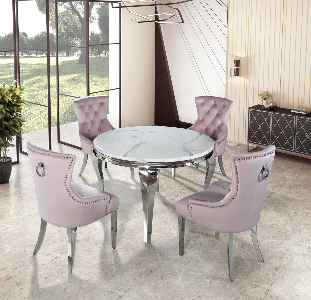 Louis Chrome Marble Round Dining Set with Megan Pink Chairs