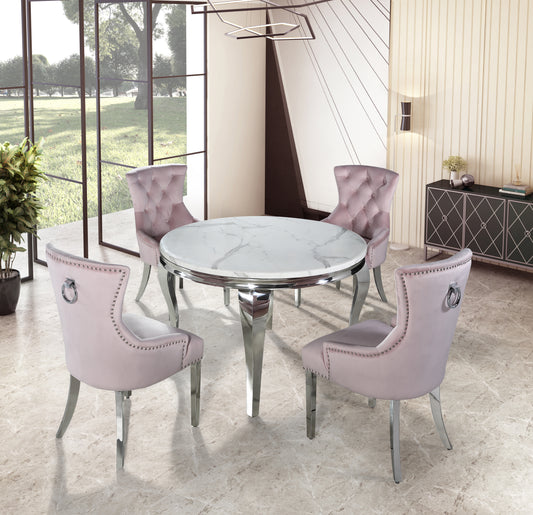 Louis Chrome Marble Round Dining Set with Megan Pink Chairs 4707