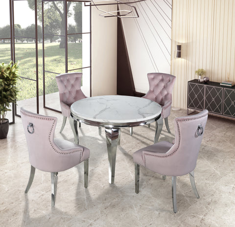 Louis Chrome Marble Round Dining Set with Megan Pink Chairs