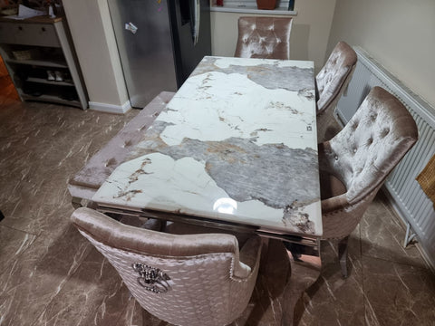 1.8 Louis Chrome Marble Dining Set with 4 Bentley Pewter Chairs & Louis Dining Bench