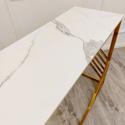 Azure Gold Console Table with Polar White Sintered Stone Top