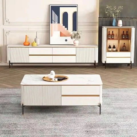 Bella Ribbed TV Unit - White & Gold