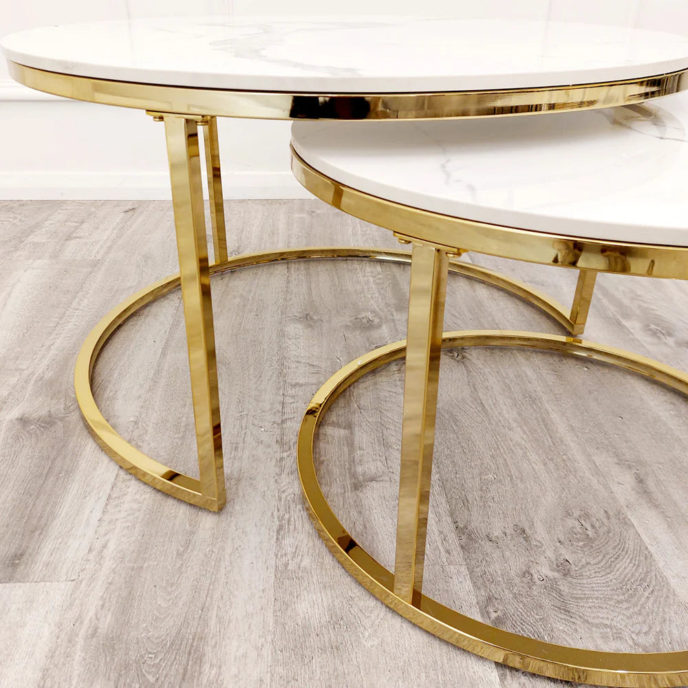Cato Nest of 2 Short Round Coffee Tables – Gold Frame with Polar White Sintered Stone