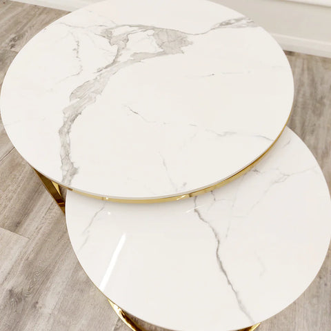 Cato Nest of 2 Short Round Coffee Tables – Gold Frame with Polar White Sintered Stone