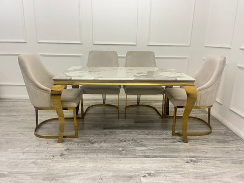 1.8 Louis Gold Marble Dining Set with Chelmsford Gold Chairs