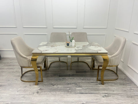 1.8 Louis Gold Marble Dining Set with Chelmsford Gold Chairs