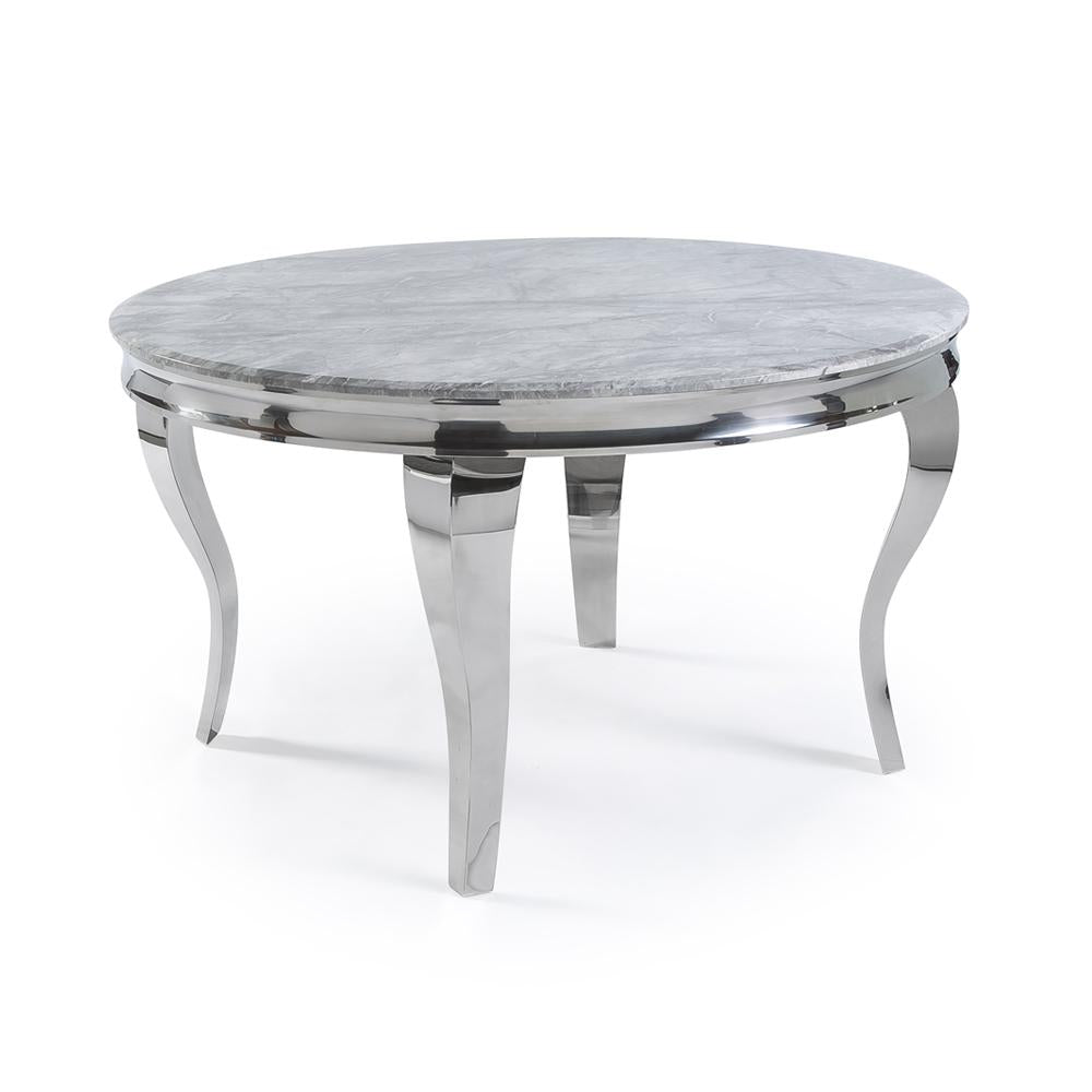 Louis Chrome Marble Round Dining Set with Megan Pink Chairs