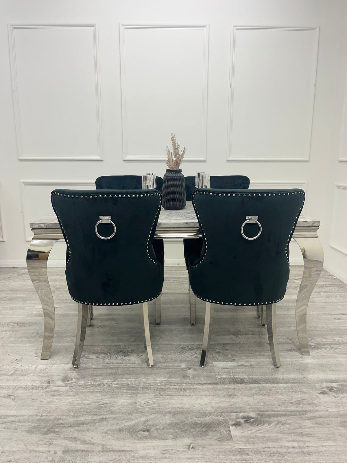 Louis Chrome Marble Dining Set with Megan Black Chairs