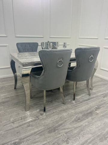 Louis Chrome Marble Dining Set with Megan Black Chairs