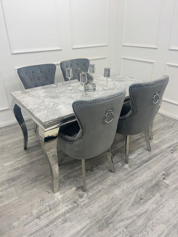 Louis Chrome Marble Dining Set with Megan Grey Chairs