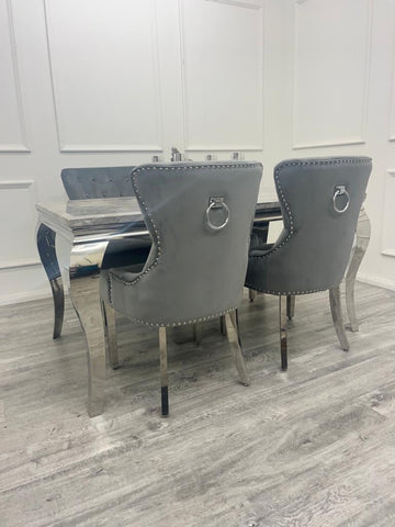 Louis Chrome Marble Dining Set with Megan Black Chairs
