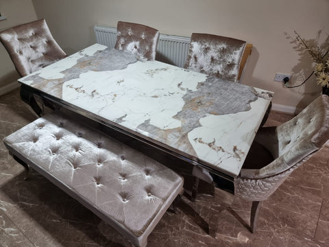 1.8 Louis Chrome Marble Dining Set with 4 Bentley Pewter Chairs & Louis Dining Bench