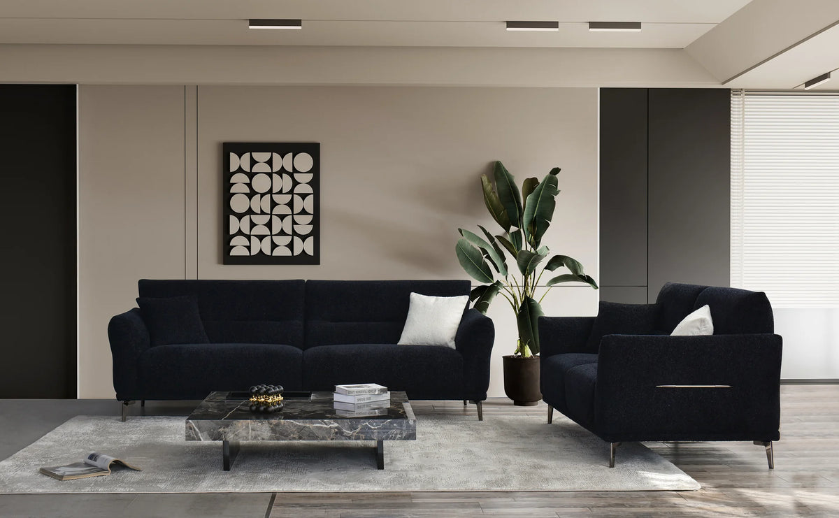 Albany Sofa Set in Black Lux Bouclé 4, 3, 2 Seater & Foot-Stool