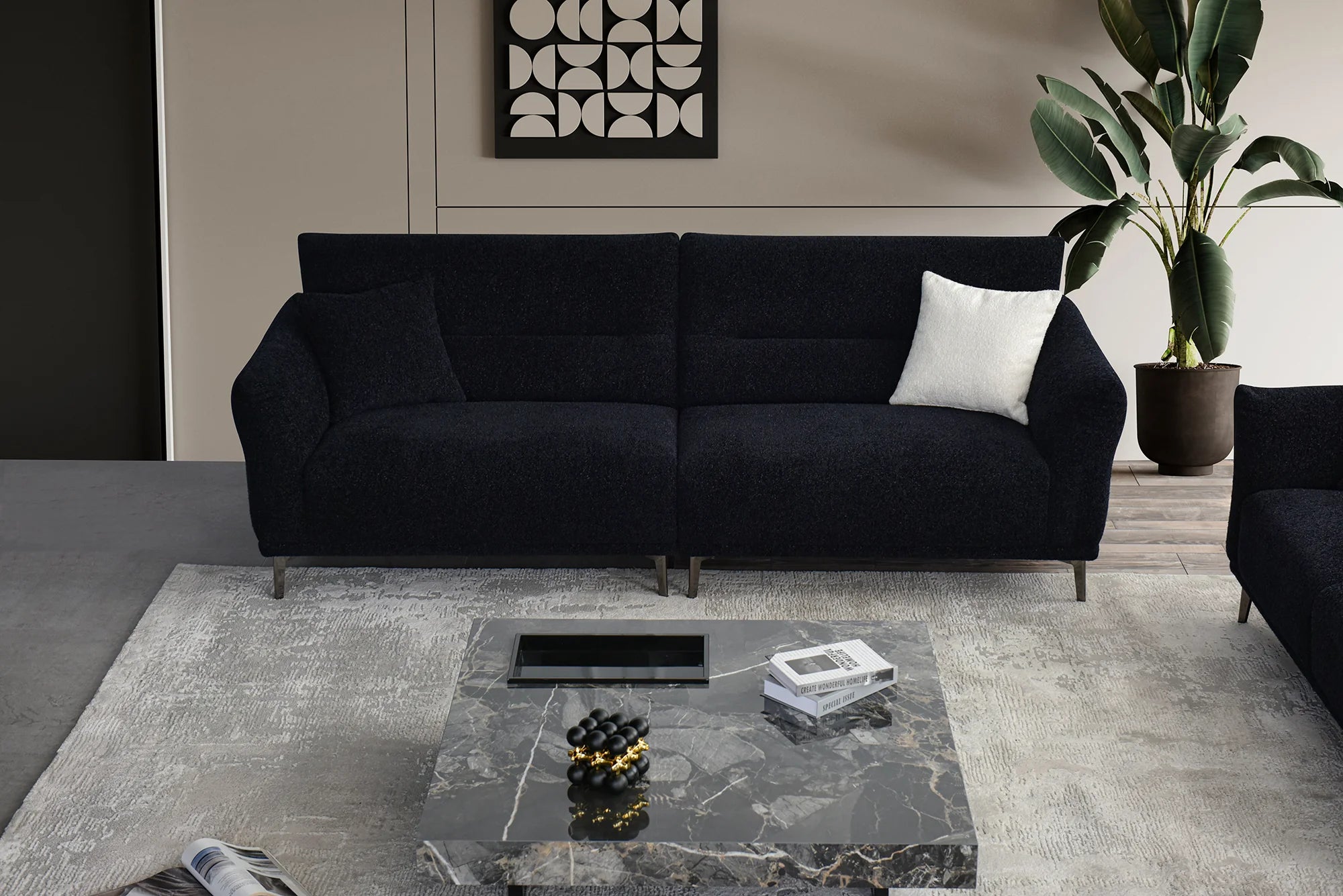 Albany Sofa Set in Black Lux Bouclé 4, 3, 2 Seater & Foot-Stool