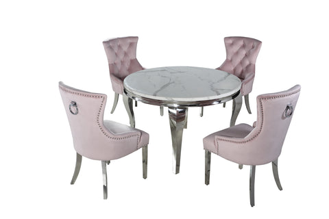 Louis Chrome Marble Round Dining Set with Megan Pink Chairs