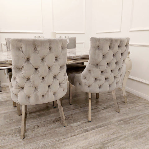 Louis Chrome Marble Dining Set with Kensington Light Grey Chairs
