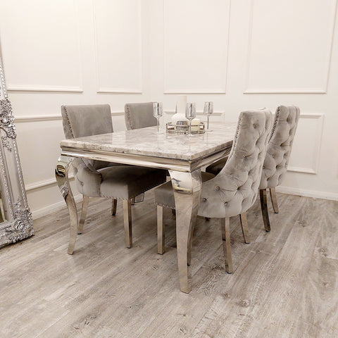 Louis Chrome Marble Dining Set with Kensington Light Grey Chairs